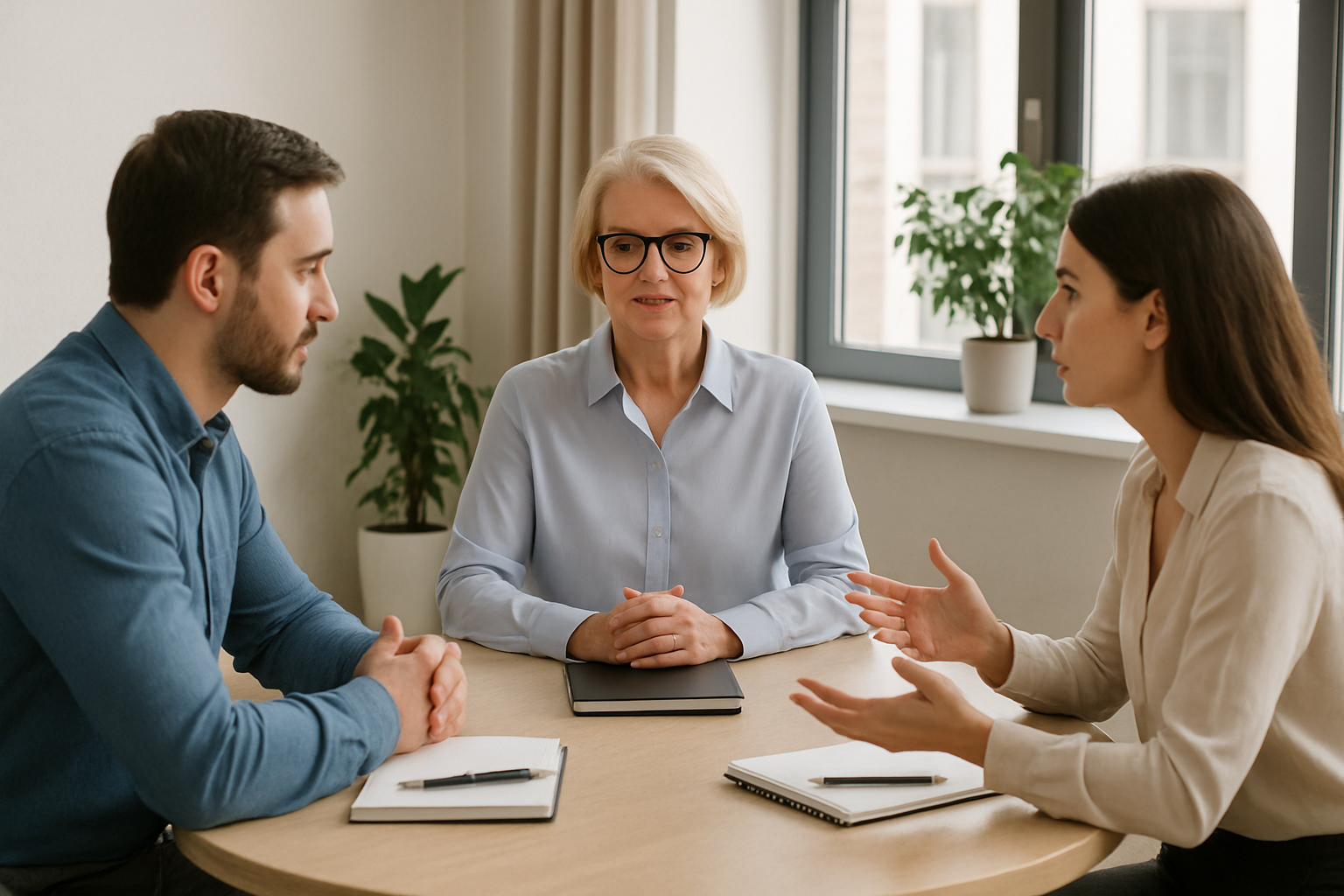 The image depicts a serene and professional office setting where three employees are engaged in a mediation session In the center a calm mediator a middleaged woman with short hair and glasses sits at a round table facilitating the conversation The t